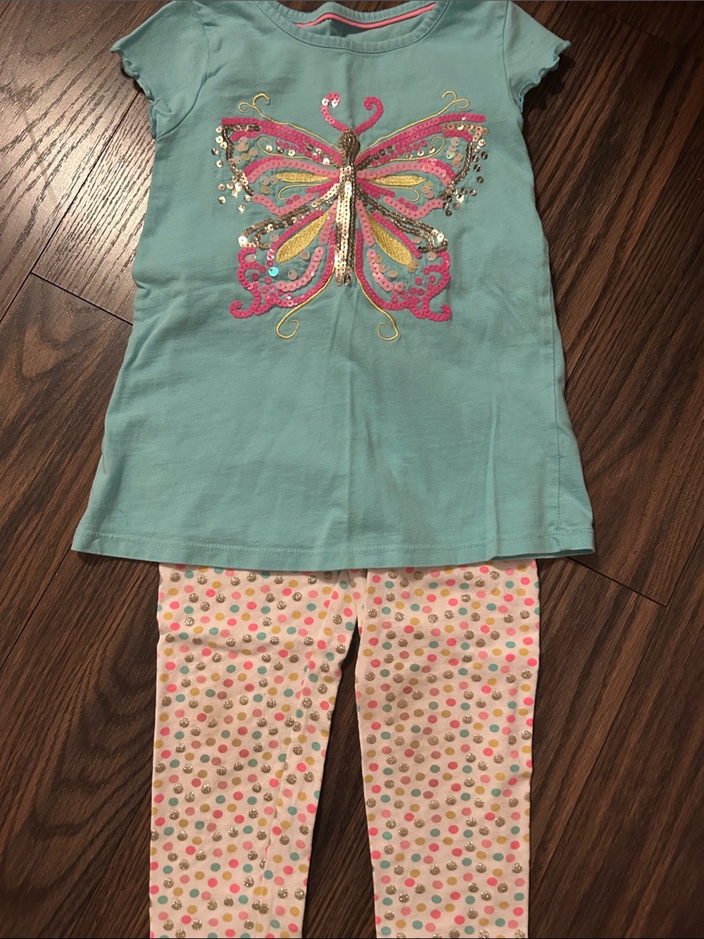 Girls 2 piece set - Aqua Top with Sequined Butterfly& Multicolor Polka Dot Pants